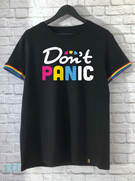 Don't Panic Rainbow T-Shirt, Pansexual Pan Pride Gift Idea, LGBTQ+ Pansexuality Support Graphic Print Design Tee Shirt Top