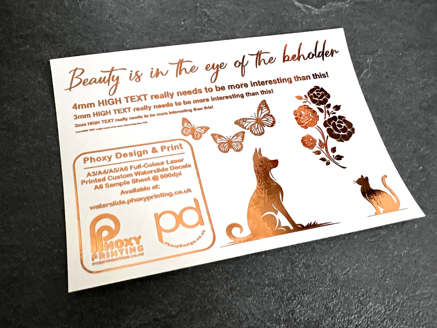 Sample Waterslide Decal Sheet for ANY Colour Surface