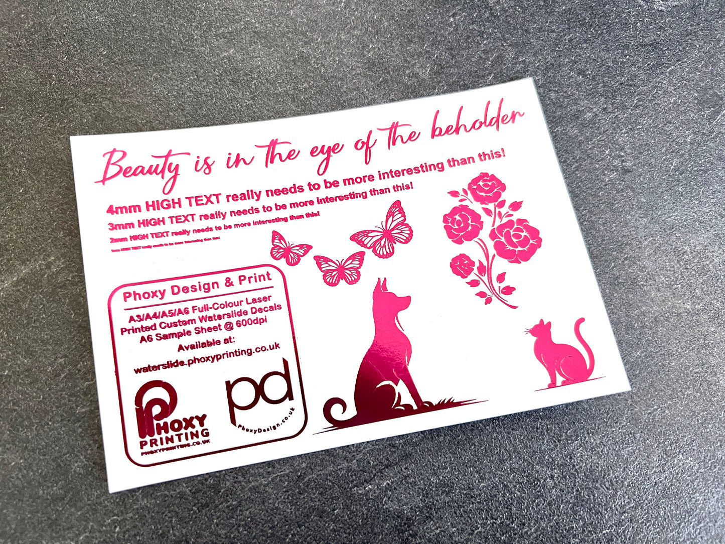 Sample Waterslide Decal Sheet for ANY Colour Surface