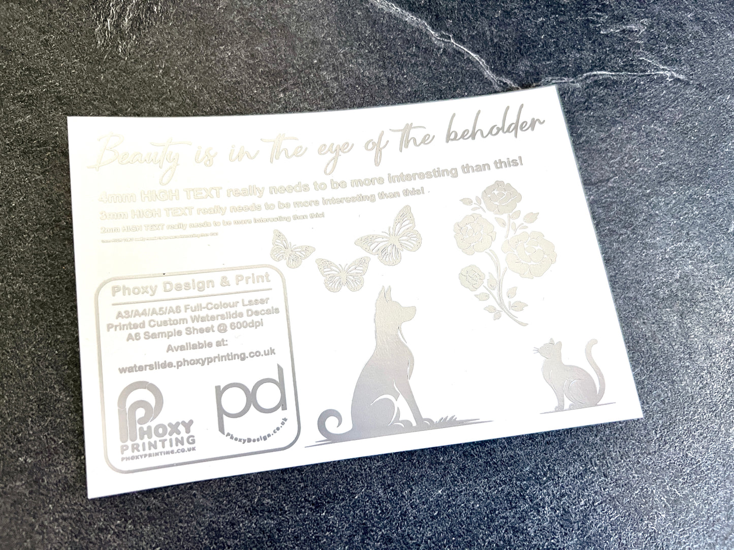 Sample Waterslide Decal Sheet for ANY Colour Surface