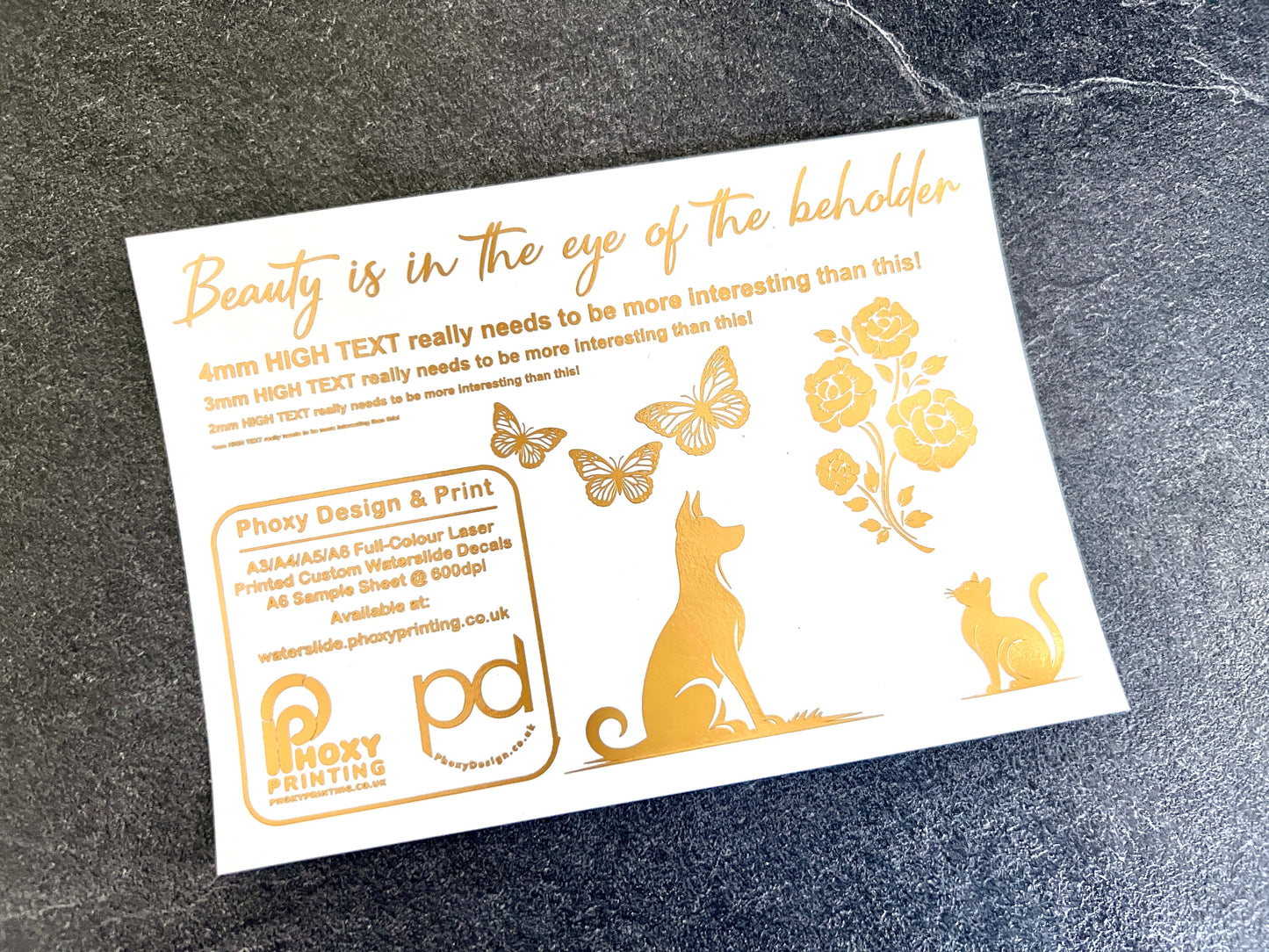 Sample Waterslide Decal Sheet for ANY Colour Surface