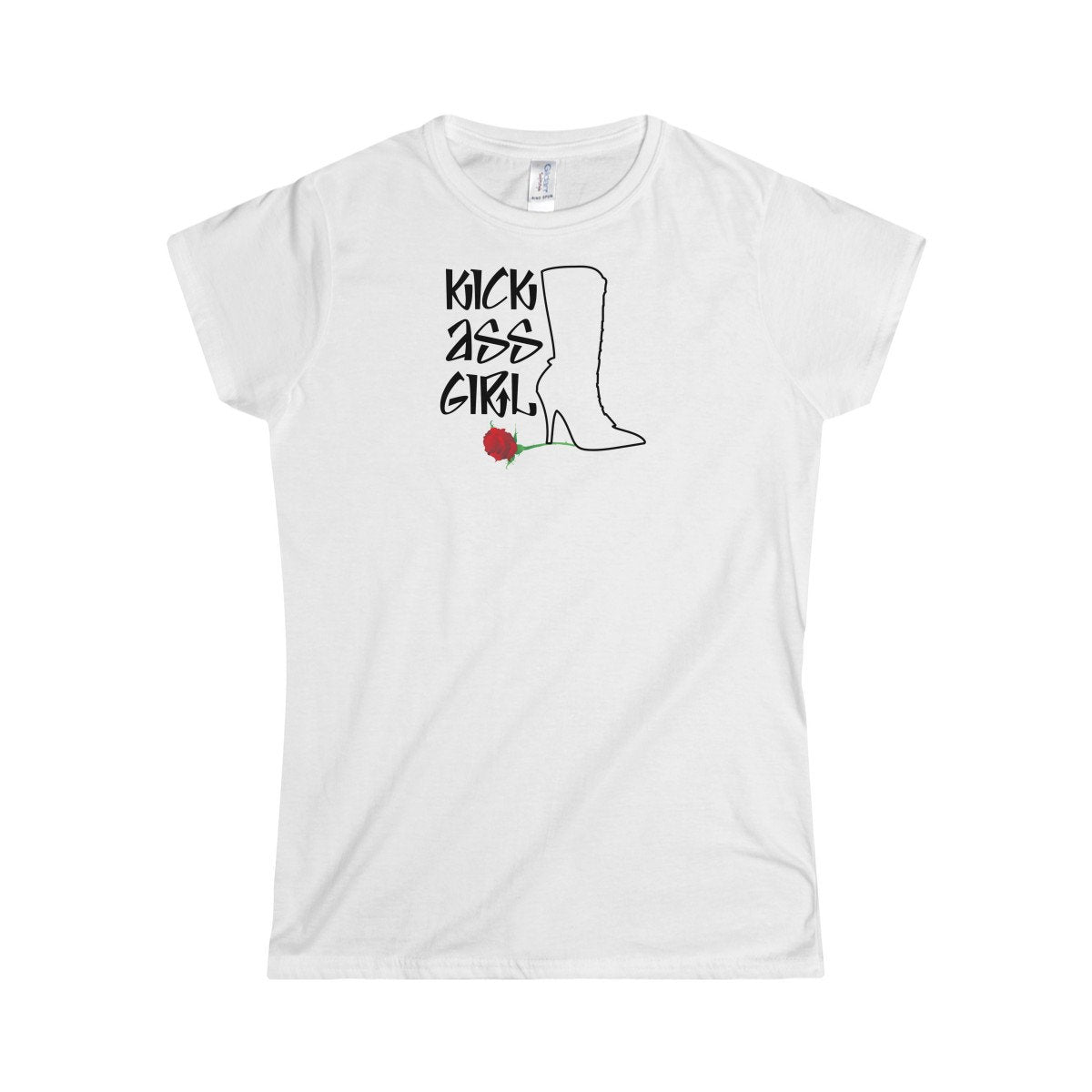 Kick Ass Girl, Girl Power Boot Heel On Rose For A Hit Girl Or Girl Boss Women&#39;s Softstyle Tee