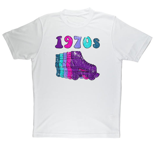 1970s Roller Skates Disco Derby Vintage Purple & Hot Pink Sublimation Performance Adult T-Shirt