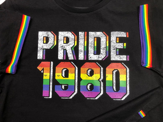 LGBTQ Gay Pride 1980 Birthday Year, Premium Unisex Rainbow Pride Stripe Sleeves and Stylish Hem Quirk