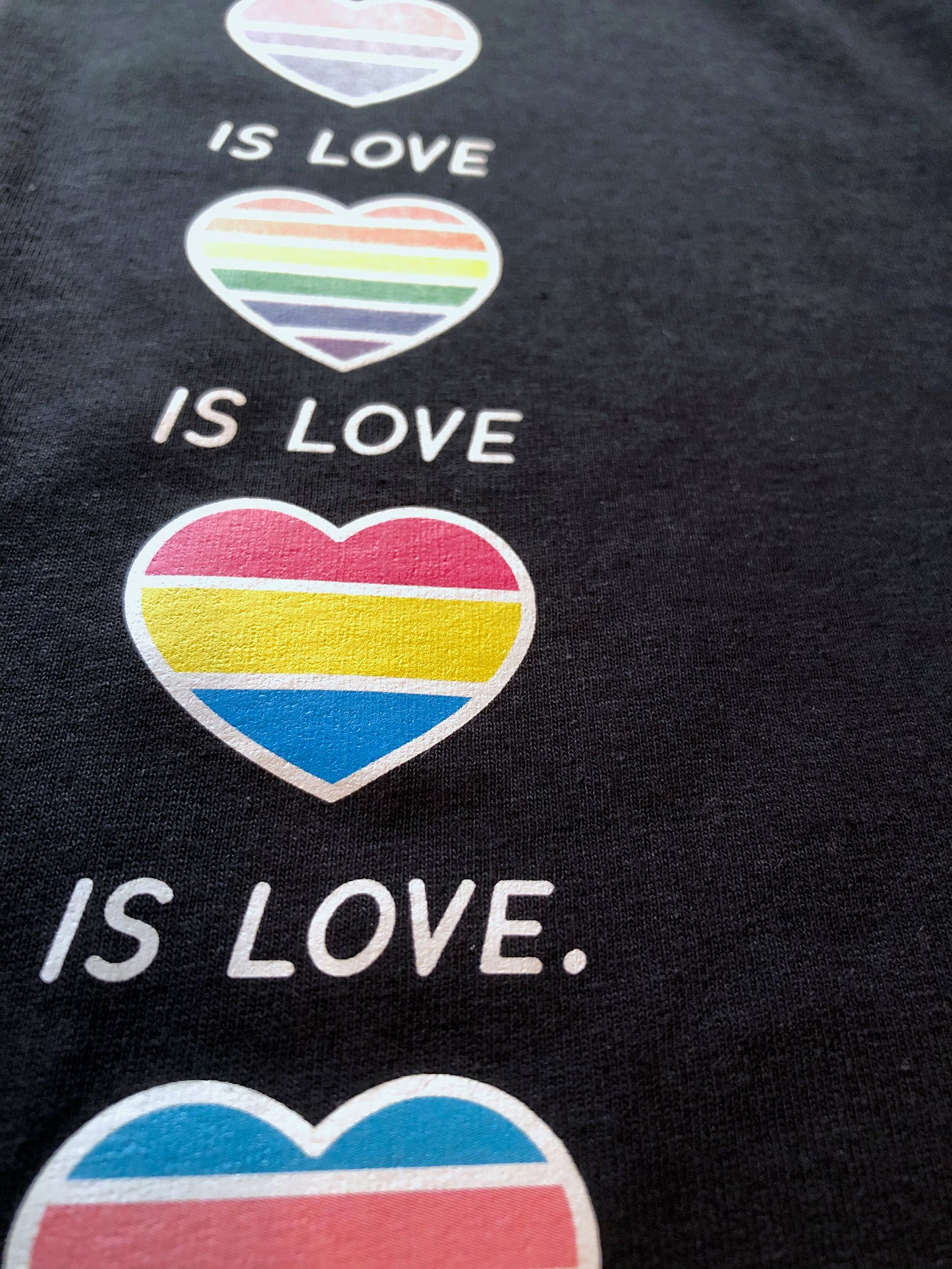 Pride Hearts Rainbow T-Shirt, Love Is Love Is Love Tee Shirt, Gay Pride Heart Gift Idea, LGBTQ+ Heart-shaped Flags Top