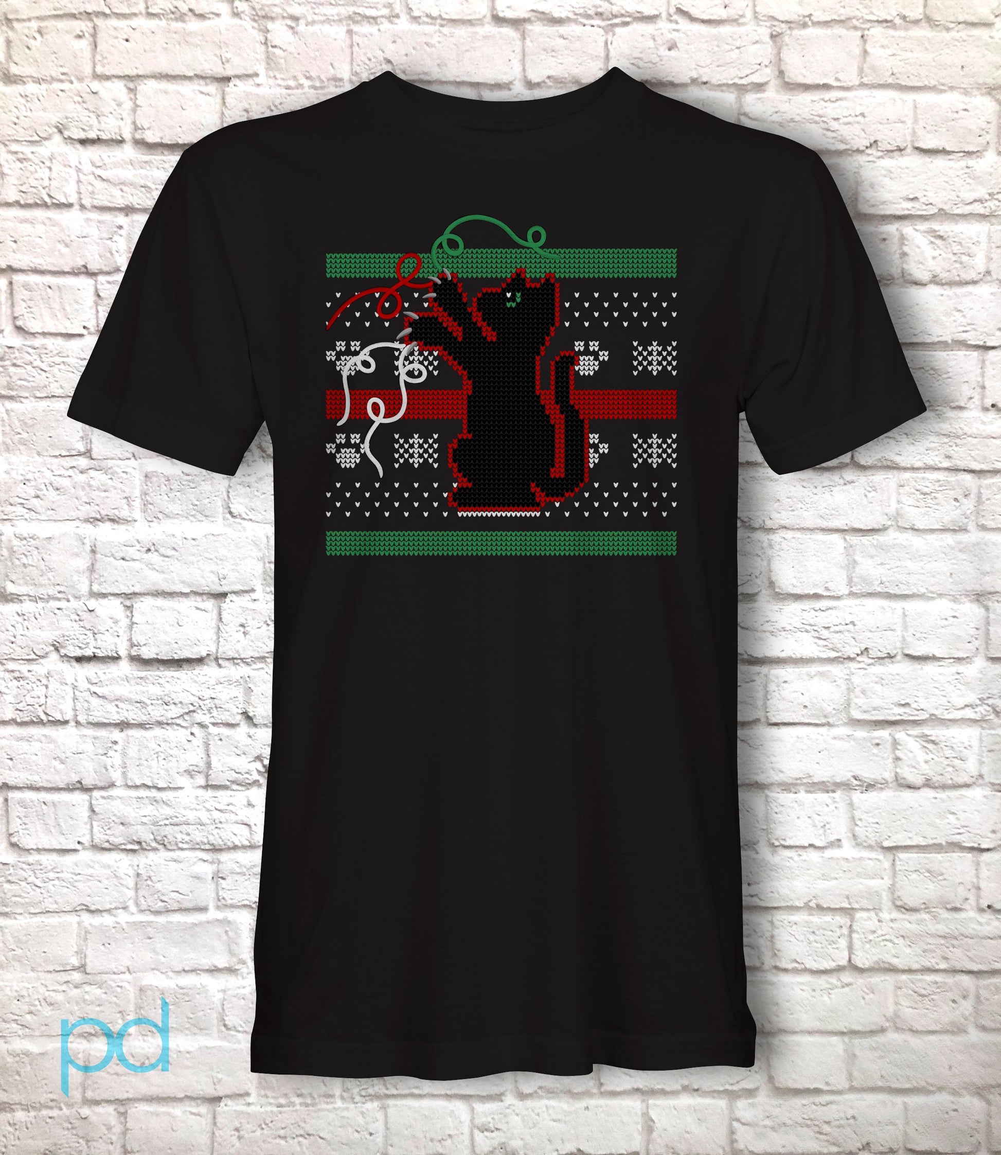 Cute Christmas Cat T-Shirt, Ugly Xmas Sweater Style Kitten Gift Idea, Black Cat Wool Thread & Stitches Graphic Tee Shirt Top