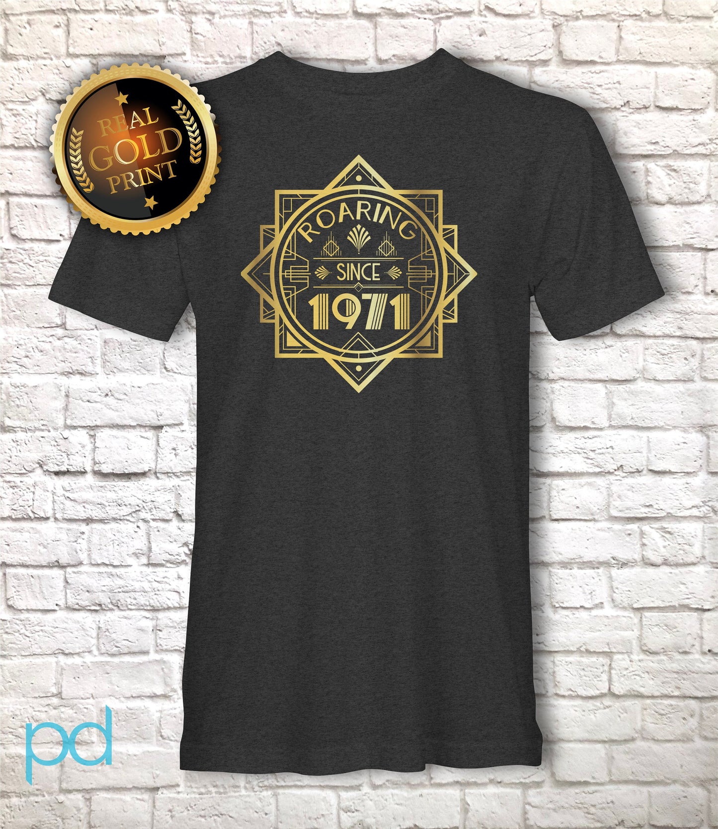 Roaring 1971 T Shirt Gold Foil Print, 51st Birthday Gift T-Shirt in Golden Art Deco 1920s Style, Fiftieth Unisex Tee Shirt Top