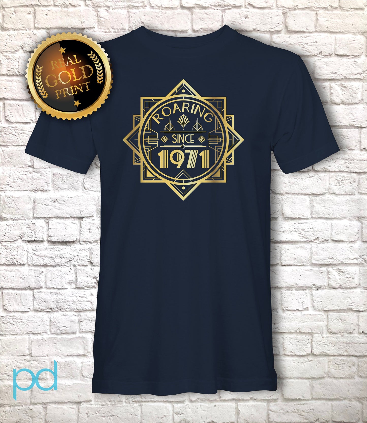 Roaring 1971 T Shirt Gold Foil Print, 51st Birthday Gift T-Shirt in Golden Art Deco 1920s Style, Fiftieth Unisex Tee Shirt Top