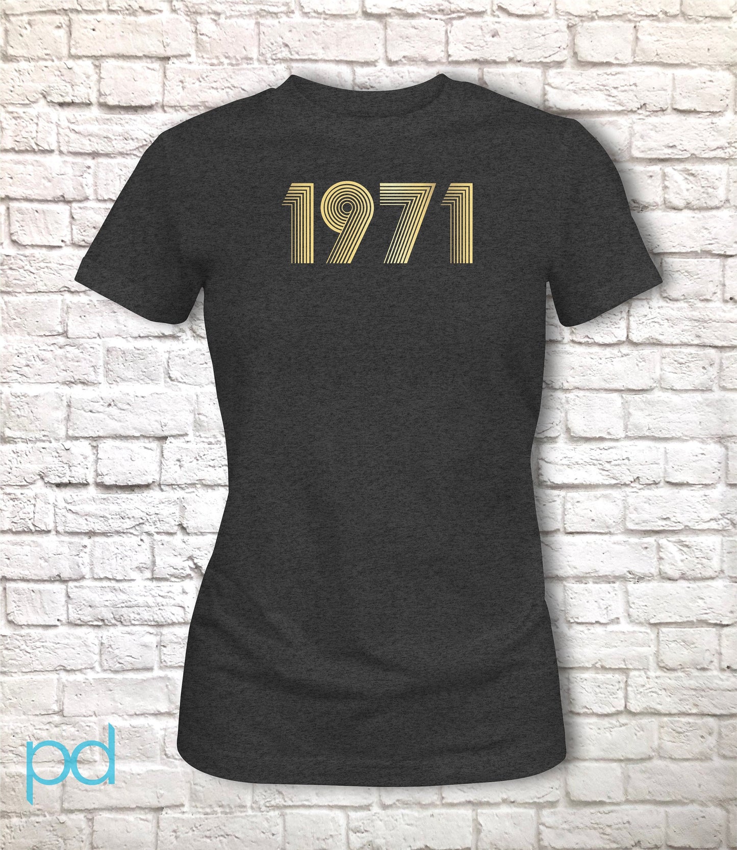 1971 Womens T Shirt Metallic Gold or Silver Foil, 51st Birthday Gift Fitted T Shirt in Retro & Vintage 70s style, Fiftieth Ladies Top