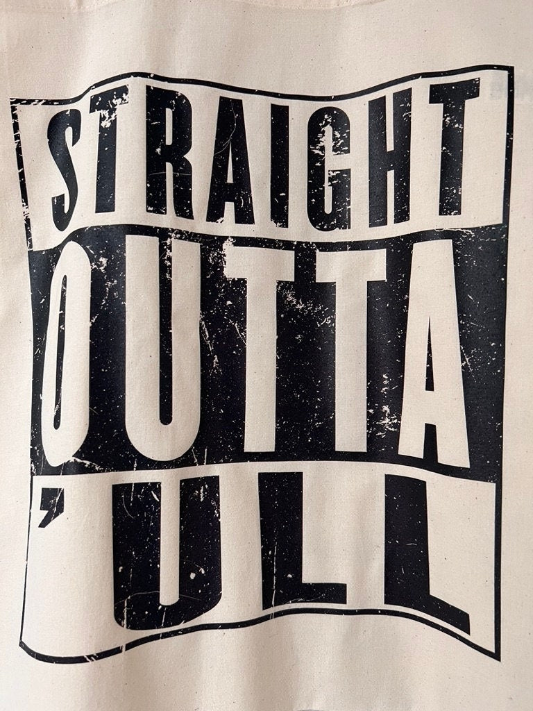 Funny Hull Tote, Straight Outta 'ull (Hull) White Funny Compton NWA Style Organic Cotton/Denim Tote Bag